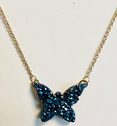 14K GOLD BLUE GEMSTONE GLITTER BUTTERFLY NECKLACE