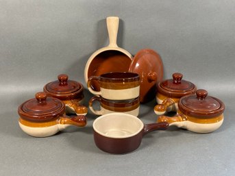An Assortment Of Ceramic Soup Crocks & Soup Mugs