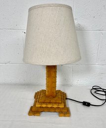 Tramp Art Wooden Lamp With Linen Shade - 16' Tall