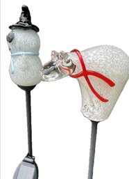 Art Glass Snowman And Polar Bear On Garden Stakes