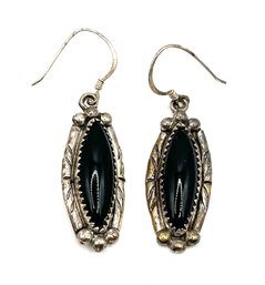 Vintage Native American Style Sterling Silver Ornate Onyx Color Dangle Earrings