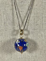 Sterling Silver Globe Pendant And Chain Necklace Inlaid Stone