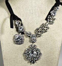 Great Quality Asymmetrical White Rhinestone Silver Tone Necklace W Ribbons