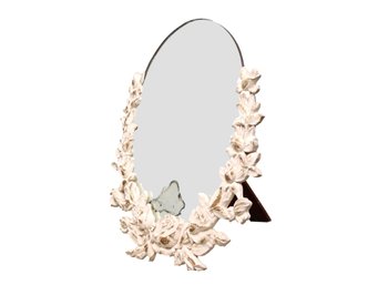 Midsize Antique Distressed White And Gold Rose Syroco Wood  Oval Mirror 18'H