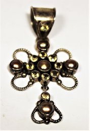 Sterling Silver Cross Pendant Having Citrine Stones & Cultured Pearls