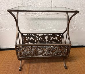 Wrought Iron Glass Topped Magazine Holder Or Side Table