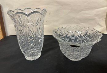 DePlomb Lead Crystal Bowl 4' Pinapple Pattern Scalloped Edges Bowl & Imperial Crystal Vase. DS - CVBC - B
