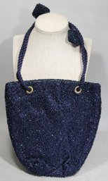 French Made For Macy's New York Blue Silk And Glass Beaded Purse