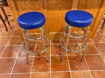 Pair Of Blue And Chrome Pottery Barn Stools