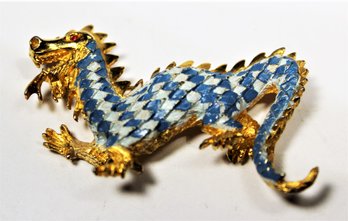 Gold Tone Cold Painted Enamel Dragon Brooch Signed VOGUE