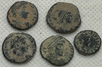 Grouping Of 5 ANCIENT ROMAN BRONZE COINS- Good Detail Circa 200 A.D.