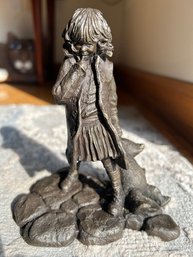 Vintage Solid Bronze Sculpture- A GIRL WITH TOY BEAR- Artist Signed And Numbered