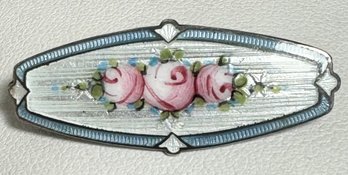 VINTAGE STERLING SILVER GUILLOCHE ENAMEL ROSES BROOCH