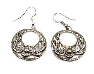 Vintage Sterling Silver Intricate Flower Designed Circle Dangle Earrings