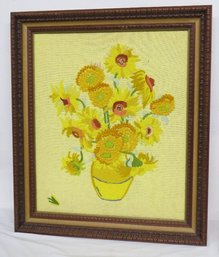 A Crewel Stitchery Of Van Gogh's Sunflowers In Wooden Frame