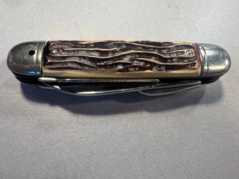 Vintage Forest Master Stainless Pocket Knife With Carved Resin Body