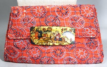 Fine Antique French Odd Fabric Clutch Purse Hand Painted Persian Bone Clasp (damage To Fabric)