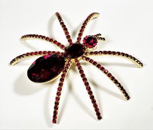 Large Red Rhinestone Spider Brooch