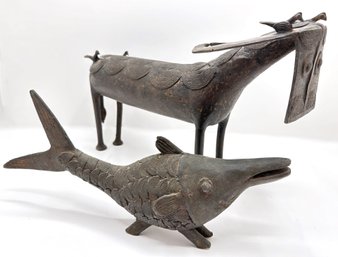 Vintage African Bronze Water Buffalo With Birds Sculpture, Upper Volta  & Bronze Fish Sculpture