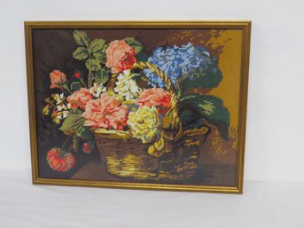 Finely Done Needlepoint Of A Basket Of Flowers