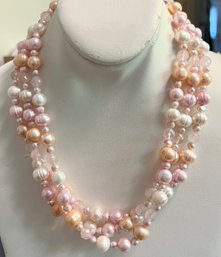 14K CLASP TRIPLE STRAND PINK, WHITE, ORANGE PEARLS WITH FACETED PINK QUARTZ NECKLACE