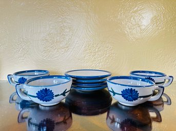 Set Of Four Louisville Stoneware Cornflower / Bachelor Button Soups And Saucers.