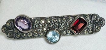 BEAUTIFUL SIGNED JUDITH JACK STERLING SILVER MULTI GEMSTONE MARCASITE BROOCH