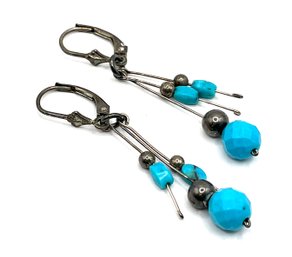Vintage Native American Style Sterling Silver Turquoise Color Beaded Dangle Earrings
