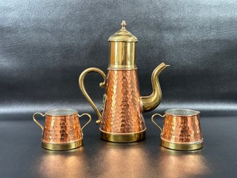 A Vintage Coffee Service In Hammered Copper & Brass Made In Germany