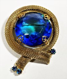 Vintage Gold Tone Large Blue Glass Stone Rhinestone Brooch