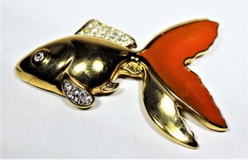 Rare Signed Givenchy Enamel Gold Tone Gold Fish Brooch Large