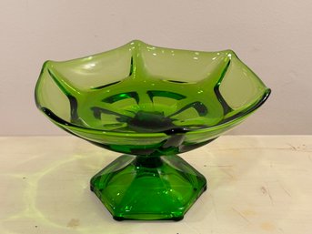 Vintage MCM Viking Epic Line Green Glass Six-sided, Footed Bowl 1960s