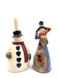 Pair Of Vintage Snowman Ceramic Bells