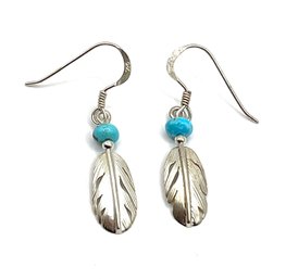 Native American J. Chavez Designer Sterling Silver Feather Turquoise Color Dangle Earrings