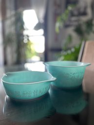 Pair Of Two Pyrex Amish Butterprint Turquoise Round Casserole Dishes *without Lids