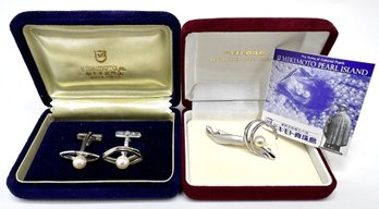 New In Box Mikimoto 14K White Gold Pearl Cufflinks & Pin/Pendant With Pearl Marked Silver, Japan