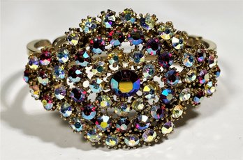 Large Vintage Rhinestone Cuff Bracelet In Gold Tone Aurora Borealis