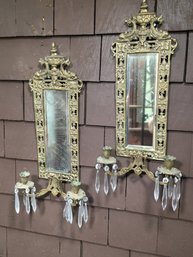 Wonderudfl Pair Antique Cast Brass Mirrored Wall Sconces With Urn / Fish Top As Well As Drop Crystals - NICE !