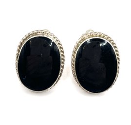 Mexican Sterling Silver Large Onyx Color Ornate Clip On Earrings