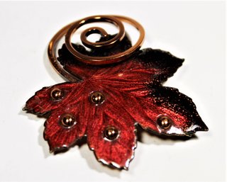 Signed Matisse Enamel On Copper Maple Leaf Brooch In Red