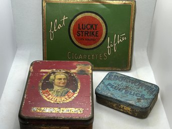 Grouping Of 3 Vintage/antique Tobacco Tins- Lucky Strikes Flat Fifties, Edgeworth Plug Slice, Flor De Murat