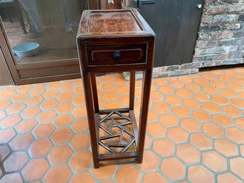 Small Wood Side Table With Lattice Details & Single Drawer