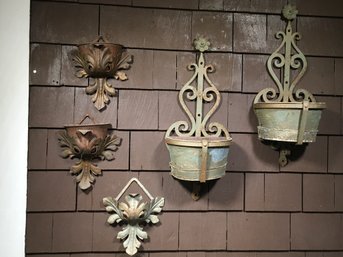 Group Of Five (5) Antique Wrought Iron Wall Sconces / Planters - All Unusual Styles - These Are Hard To Find !