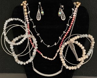 Vintage Jewelry Lot 8 - Colored Pearls & Sterling 925 Necklace - Glass & Silver Tone Bracelets - Earrings
