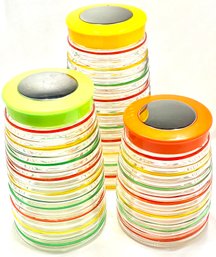 Vintage Ribbed Multicolor Striped Canister Set Plastic & Stainless Steel Lids