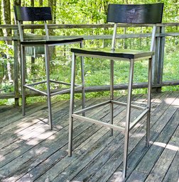 A Pair Of Gorgeous Modern Brushed Steel And Ebonized Oak Bar Stools