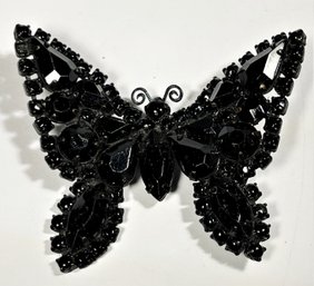 Signed WEISS Black Rhinestone Butterfly Brooch Pin