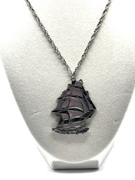 Vintage Pewter CM&D 1976 Sailing Ship Pendant Necklace