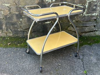 Mid-Century Double Tiered Formica Serving Bar Cart On Casters