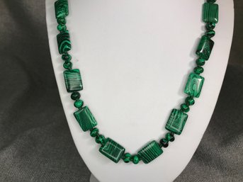 Incredible Malachite Square & Round Bead Necklace - Highly Polished - Rectangular & Round Pieces - VERY NICE !